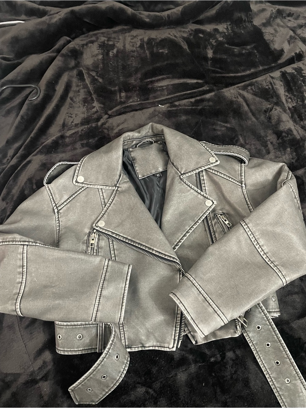 SHEIN Distressed Faux Leather Moto Jacket - Gray